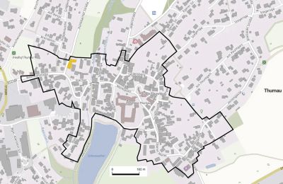 "Sandsteinsiedlung und ehem. Residenz Thurnau", schwarze Linie: Siedlungsfläche von 1850 - Prof. Dr. Herbert Popp, Kulturlandschaftsdatenbank, gelb markiert: Weißer Schwanen