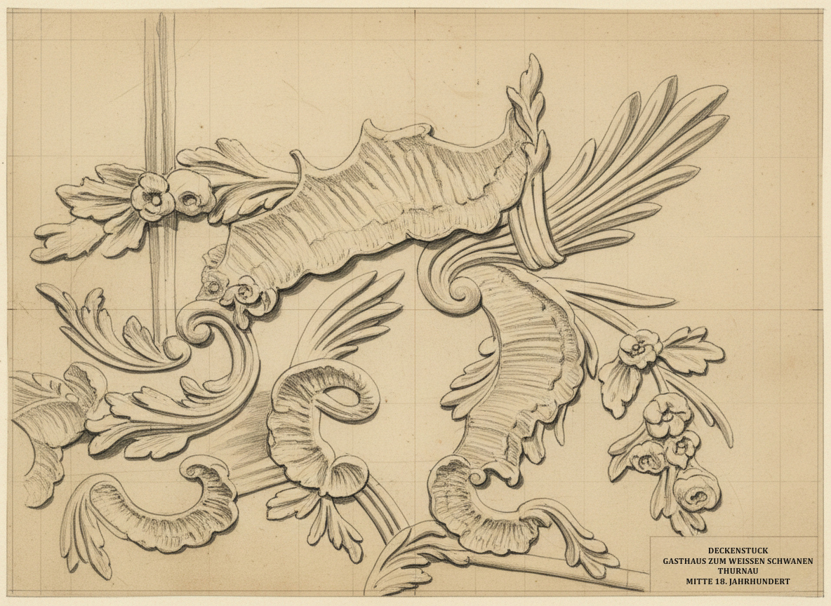 Detailzeichnung der vom Restaurator freigelegten Stuckkartusche